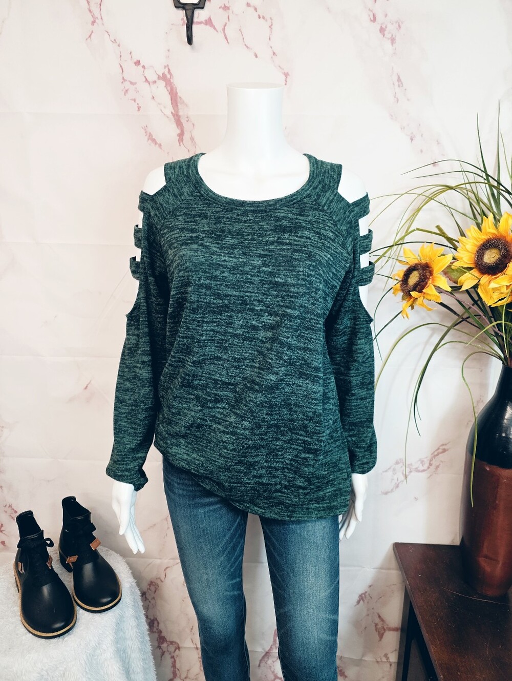 Always Indigo Cold Shoulder Ladder Sleeve Heathered Teal Long Sleeve Top Size L - Picture 2 of 7